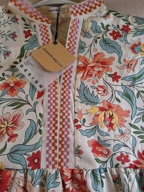 Cherrybetty Floral Cotton Tunic Top in White with Multicolor Print